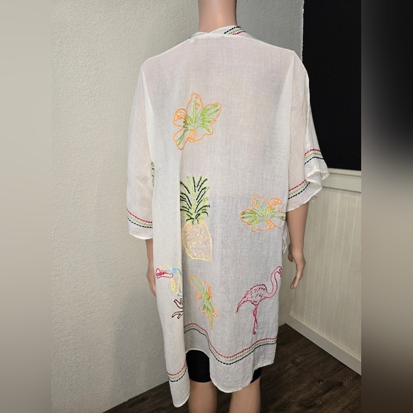 Soft Surroundings Tropical Topper Kimono Embroidered Bird Ivory One Size Swim - Picture 7 of 13